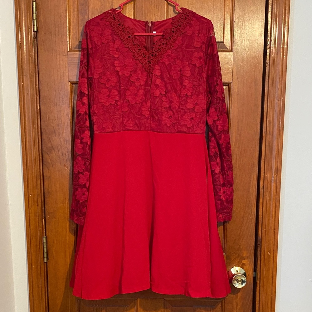 SHEIN Red Long Sleeve Floral Lace Dress